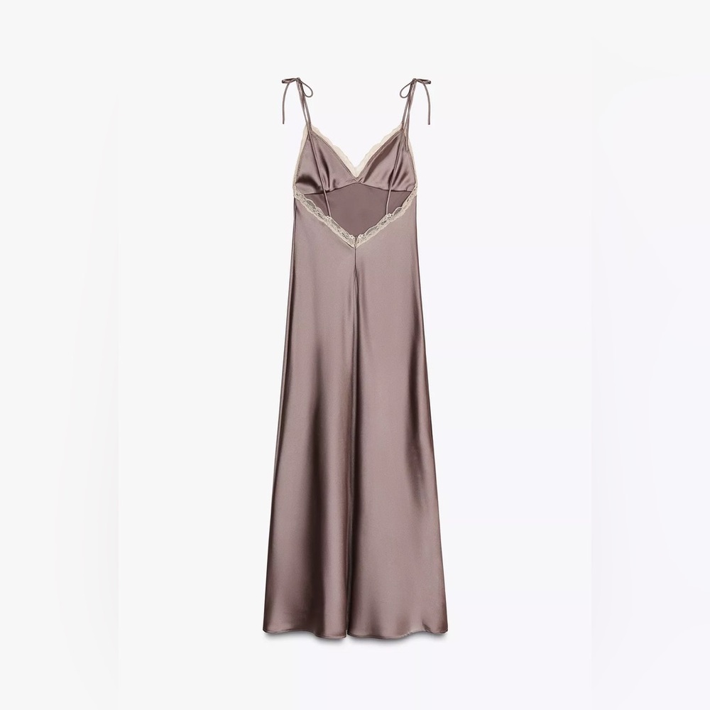 Zara Elegant Satin Slip Dress Lace Lingerie Liliac Maxi Evening Party XS - Picture 12 of 13